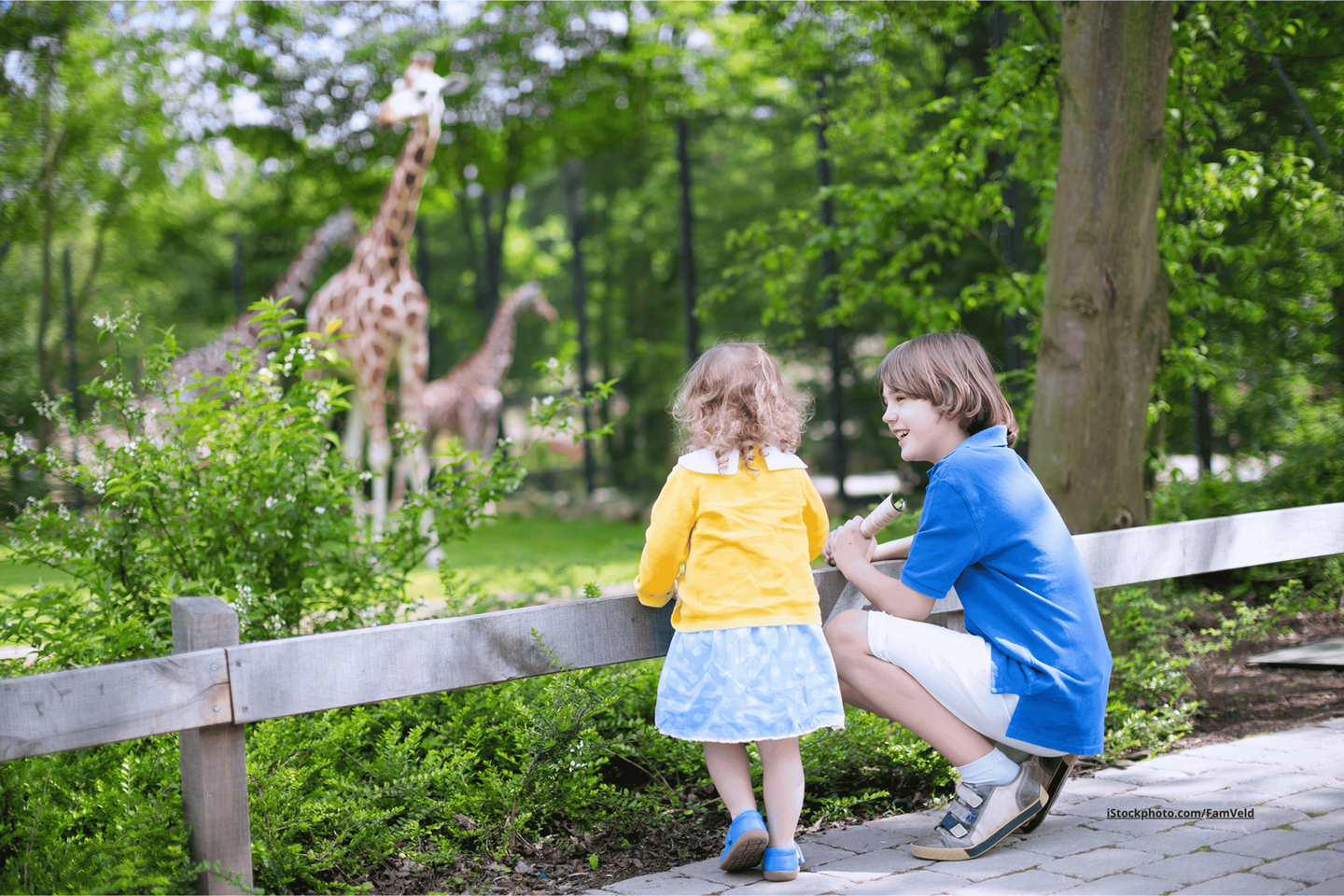 Ein kleines und ein größeres Kind stehen an einem Zaun und schauen zu Giraffen, die im Hintergrund zu sehen sind.