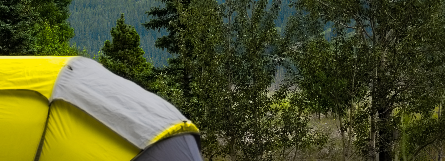 Ein Zelt, das auf einer Wiese steht. Im Hintergrund sind Berge zu sehen.