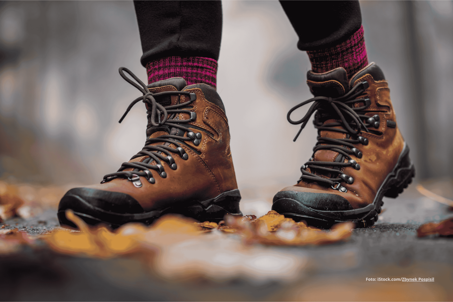 Das Foto zeigt die Füße einer Person mit Wanderschuhen an.