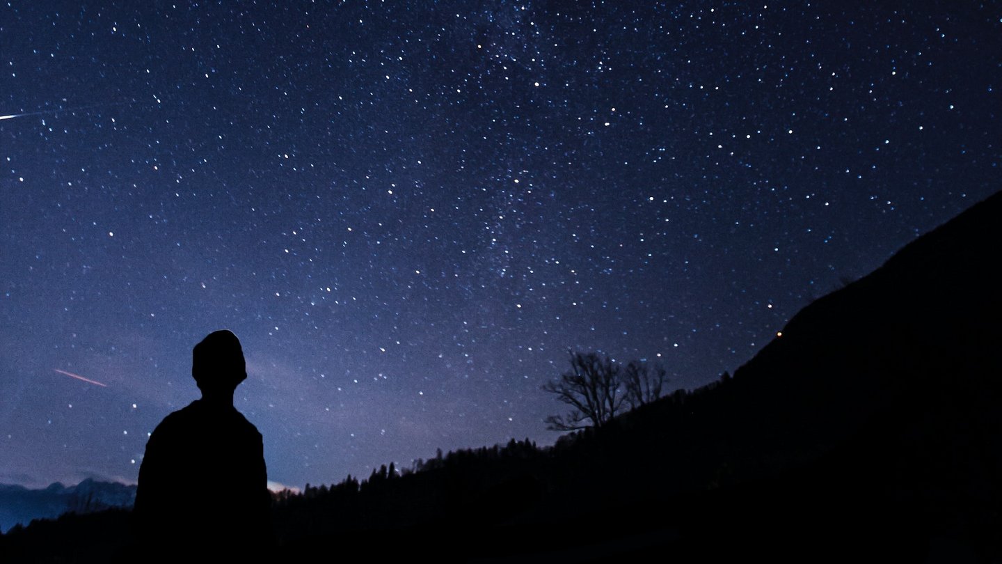 Die Silhouette einer Person blick in den Sternenhimmel.