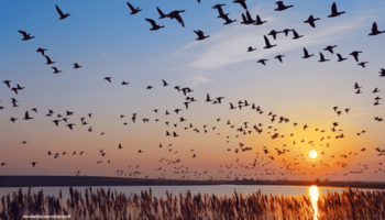 Ein schwarm Vögel die bei Sonnenuntergang über einen See fliegen, im Vordergrund des Bilds ist Schilf zu sehen
